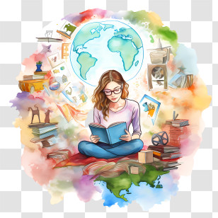 International Literacy Day - Girl Reading With Globe And Knowledge Illustration Transparent PNG