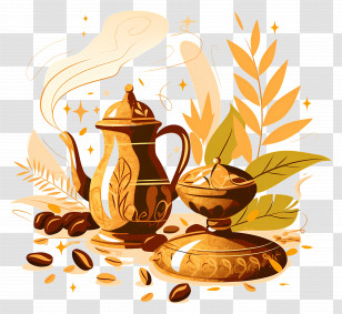 Iftar Time - Golden Coffee Set With Decoration And Dessert Transparent PNG