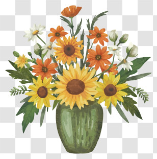 Flower Bouquet - Bright Flower Bouquet In A Green Vase Transparent PNG