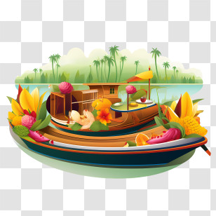 Onam Boat - Tropical Houseboat With Fruit And Flowers Transparent PNG