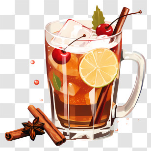 Watercolor Christmas Cocktail - Glass Of Iced Tea With Citrus And Cherry Transparent PNG