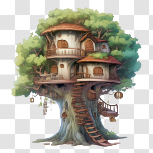 Tree House - Fantasy Treehouse With Wooden Stairs Transparent PNG