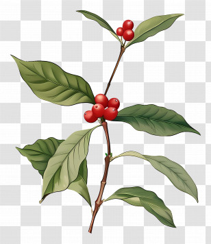Watercolor Coffee Plant - Branch With Green Leaves And Red Berries Transparent PNG