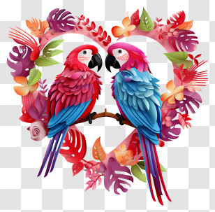 Valentine Parrots - Colorful Parrots In Floral Heart Wreath Transparent PNG