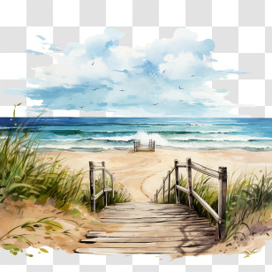 Beach Walking Road - Illustration Of A Wooden Boardwalk To The Seaside Transparent PNG