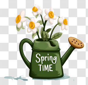 Spring Logo Word - Green Watering Can With Daisies Transparent PNG