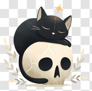 Black Cat On Human Skull - Black Cat With Star On Skull Transparent PNG