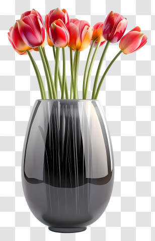Vase With Flowers - Red Tulips Styled In Black Vase Transparent PNG