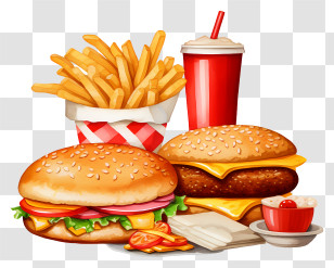 Hamburgers - Classic Fast Food Combo With Burgers And Drinks Transparent PNG