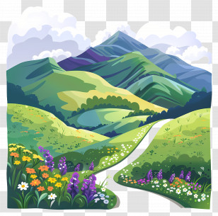 Nature Background - Green Meadow With Flowers And Mountains Illustration Transparent PNG