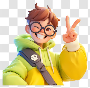 Victory Sign - Cheerful Cartoon Character With Glasses Transparent PNG