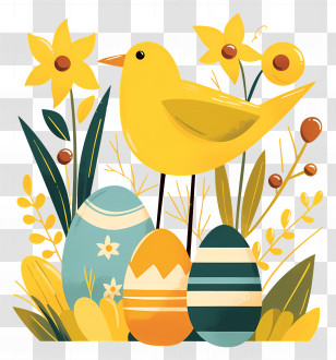 Easter Background - Yellow Bird With Flowers And Easter Eggs Transparent PNG