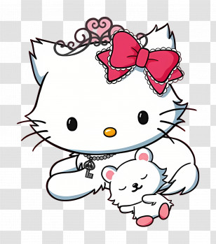 Charmmy Kitty - Cartoon White Cat With Pink Bow Holding A Small Bear Transparent PNG