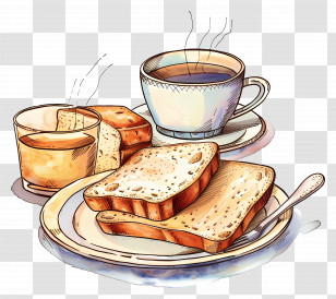 Tea And Bread - Morning Toast And Coffee Illustration Transparent PNG