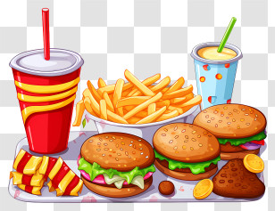 Fast Food - Fast Food Meal With Burgers, Fries, And Drinks Transparent PNG