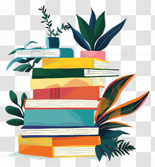 Books Pile - Books With Decorative Plants Illustration Transparent PNG