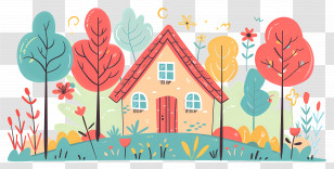 Cottage Garden - Cute House In Nature With Colorful Trees Transparent PNG