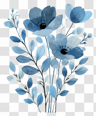 Blue Bouquet - Blue Flowers And Leaves Illustration Transparent PNG