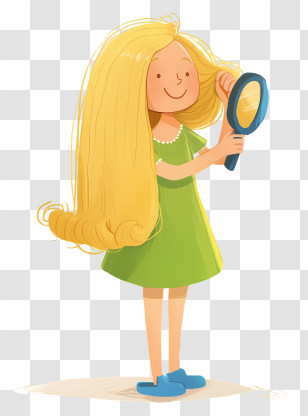Girl Combing Hair - Girl With Long Hair Holding A Mirror Transparent PNG