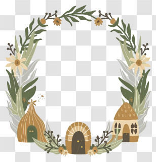Circle Wreath - Small Cute Doodle Houses With Floral Frame Transparent PNG