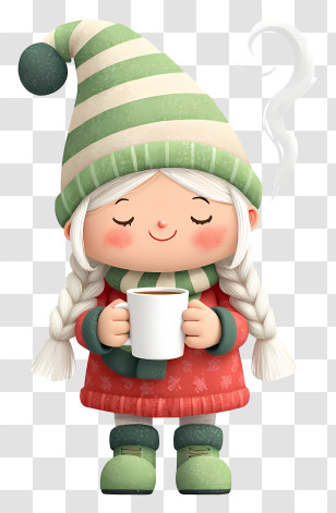 Christmas Gnome Enjoying Hot Cocoa - Cozy Girl With Hot Mug Transparent PNG