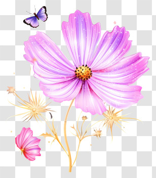 Realistic Cosmos Flower - Pink Flower With Butterfly Transparent PNG
