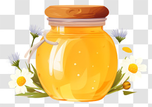 Vector Illustration - Golden Honey Jar With Flowers Transparent PNG