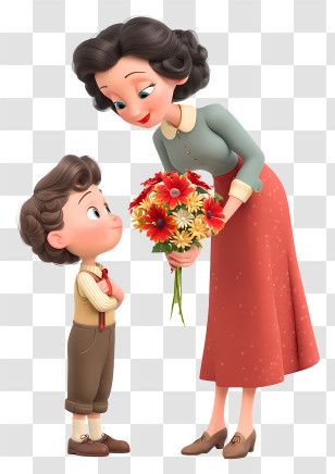 Giving Flowers To Mother - Mother And Child With Flowers Transparent PNG