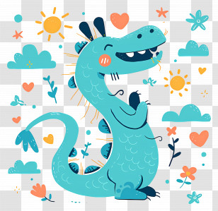Cartoon Dragon - Cute Blue Dinosaur With Happy Elements Transparent PNG