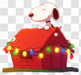 Snoopy Christmas - Dog Relaxing On Decorated Red House With Christmas Lights Transparent PNG