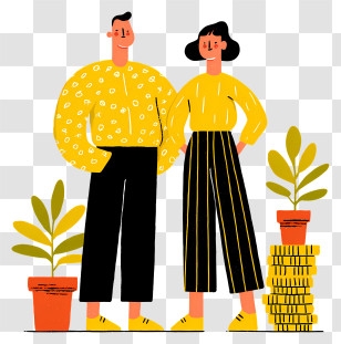 Income Growth Investment - Couple With Plants And Stacked Coins Transparent PNG