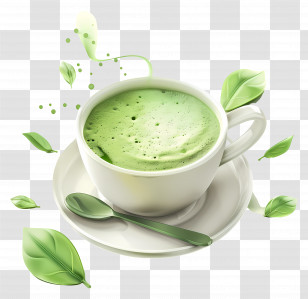 Matcha Green Tea - Green Matcha Latte In White Cup With Leaves Transparent PNG