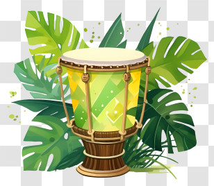 Drum - Tropical Djembe Drum Illustration With Green Leaves Transparent PNG