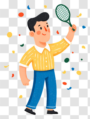 Cartoon Man Holding Racket - Happy Tennis Player Celebrating Win Transparent PNG