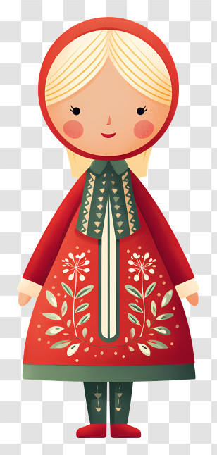 Christmas Doll - Doll In Red Dress With Floral Pattern Transparent PNG