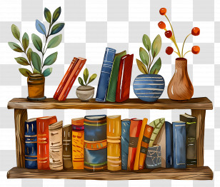 Shelf With Books - Books And Potted Plants On Wooden Bookshelf Transparent PNG