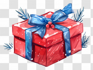Christmas Gift - Festive Red Gift Box With Blue Ribbon Illustration Transparent PNG