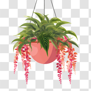 Hanging Plant With Pot - Hanging Flower Pot With Pink And Green Plants Transparent PNG