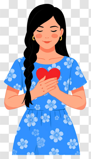 Woman Holding A Heart - Girl Holding A Heart In Blue Floral Dress Transparent PNG