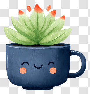 Watercolor Succulent In Mug - Smiling Plant Cup Cartoon Illustration Transparent PNG