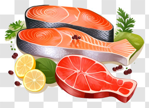 Raw Fish Slices - Fresh Salmon And Steak Cuts With Garnishing Transparent PNG
