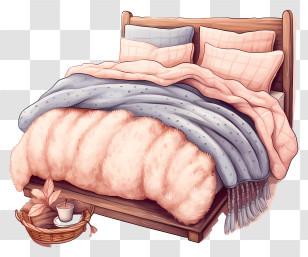 Bed - Cozy Bed With Pink And Grey Bedding Transparent PNG