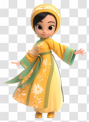 Cute Cartoon Doll - Animated Girl In Traditional Yellow Dress Transparent PNG