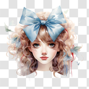 Bow Day - Watercolor Girl Portrait With Curly Hair And Blue Bow Transparent PNG