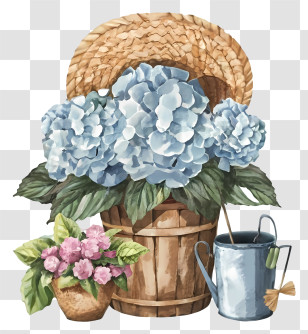 Watercolor Painting - Basket With Hydrangeas And Watering Can Transparent PNG