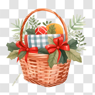 Christmas Basket - Decorative Holiday Gift Basket With Red Ribbons Transparent PNG