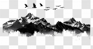 Mountains Silhouette - Grayscale Mountain Landscape With Birds Transparent PNG