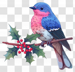 Winter Bird - Blue And Pink Bird On Holly Branch Transparent PNG