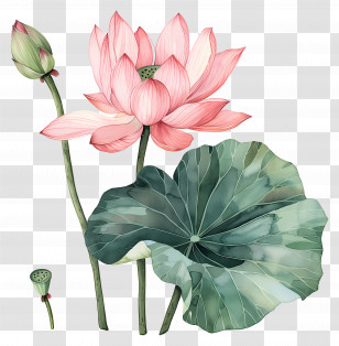 Pink Lotus Flowers - Pink Lotus Flower With Green Leaf Illustration Transparent PNG