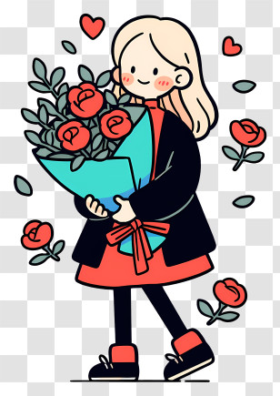Kawaii Girl With Flowers - Happy Girl With Rose Bouquet Transparent PNG